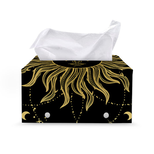 Black And Gold Celestial Sun Print Leather Tissue Box Cover