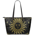 Black And Gold Celestial Sun Print Leather Tote Bag With Zipper