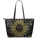 Black And Gold Celestial Sun Print Leather Tote Bag