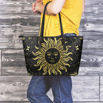 Black And Gold Celestial Sun Print Leather Tote Bag
