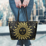 Black And Gold Celestial Sun Print Leather Tote Bag