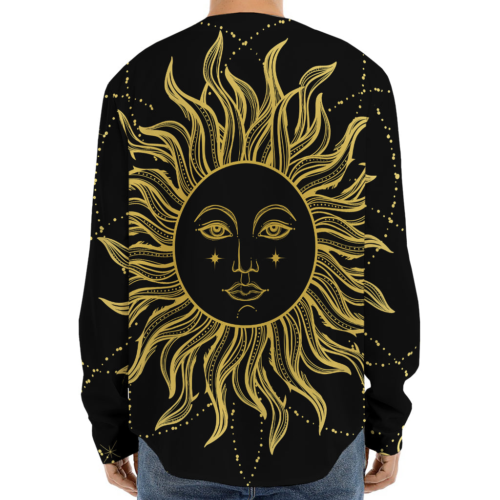 Black And Gold Celestial Sun Print Long Sleeve Baseball Jersey