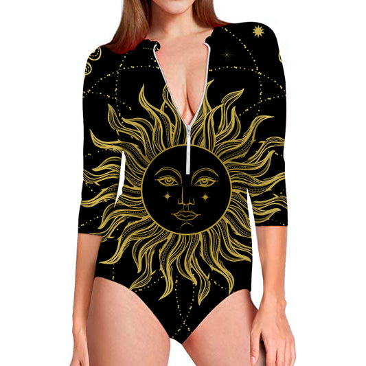 Black And Gold Celestial Sun Print Long Sleeve Swimsuit