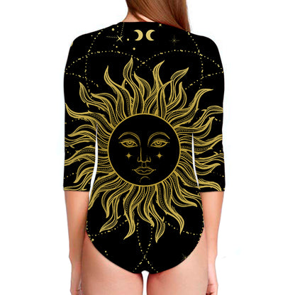 Black And Gold Celestial Sun Print Long Sleeve Swimsuit