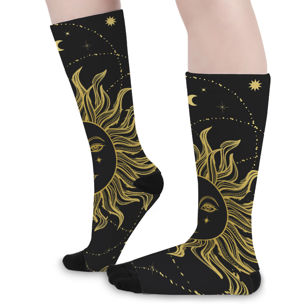 Black And Gold Celestial Sun Print Long Socks