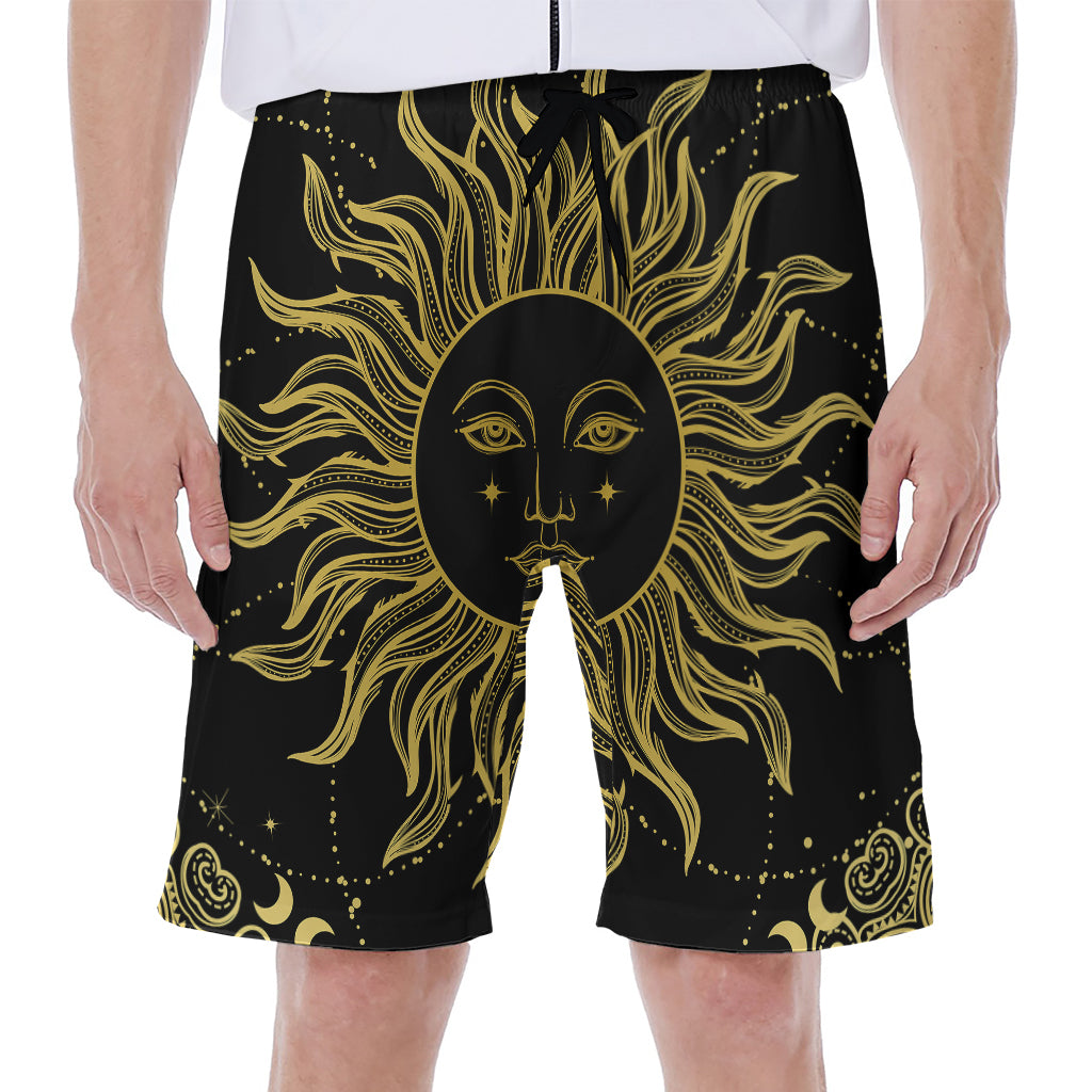 Black And Gold Celestial Sun Print Men's Beach Shorts
