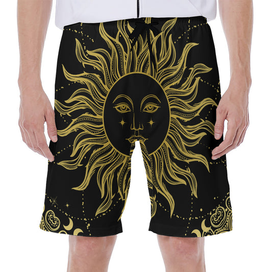 Black And Gold Celestial Sun Print Men's Beach Shorts