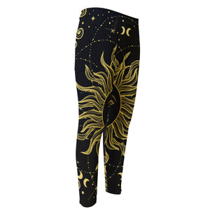 Black And Gold Celestial Sun Print Men's Compression Pants