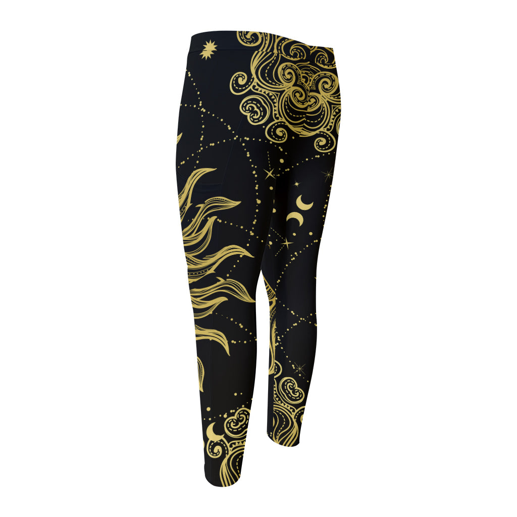 Black And Gold Celestial Sun Print Men's Compression Pants