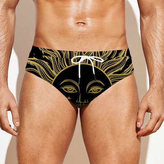 Black And Gold Celestial Sun Print Men's Swim Briefs