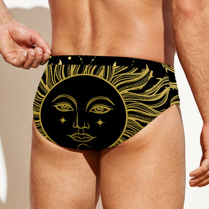 Black And Gold Celestial Sun Print Men's Swim Briefs