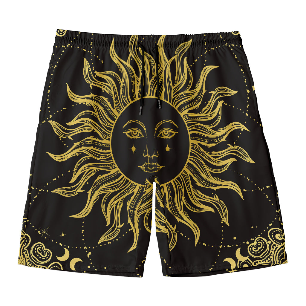 Black And Gold Celestial Sun Print Men's Swim Trunks