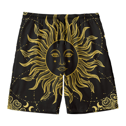 Black And Gold Celestial Sun Print Men's Swim Trunks