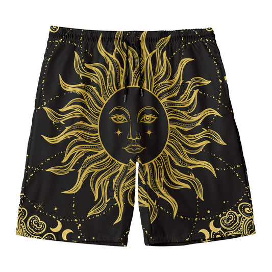 Black And Gold Celestial Sun Print Men's Swim Trunks