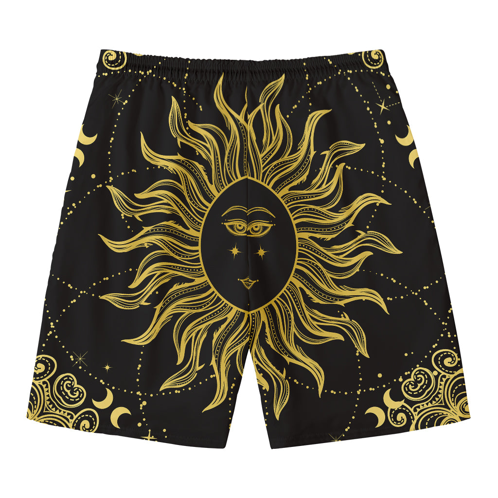 Black And Gold Celestial Sun Print Men's Swim Trunks