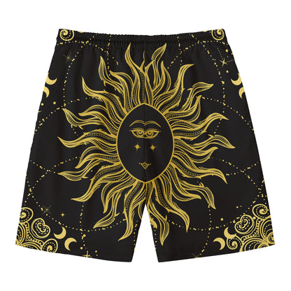 Black And Gold Celestial Sun Print Men's Swim Trunks