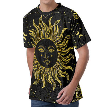 Black And Gold Celestial Sun Print Men's Velvet T-Shirt