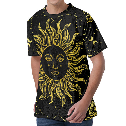 Black And Gold Celestial Sun Print Men's Velvet T-Shirt
