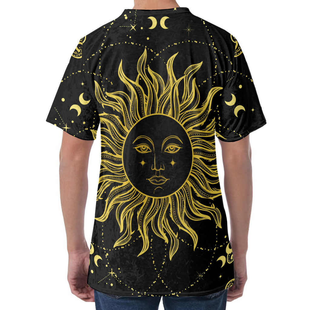 Black And Gold Celestial Sun Print Men's Velvet T-Shirt