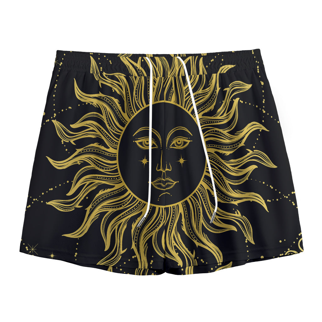 Black And Gold Celestial Sun Print Mesh Shorts