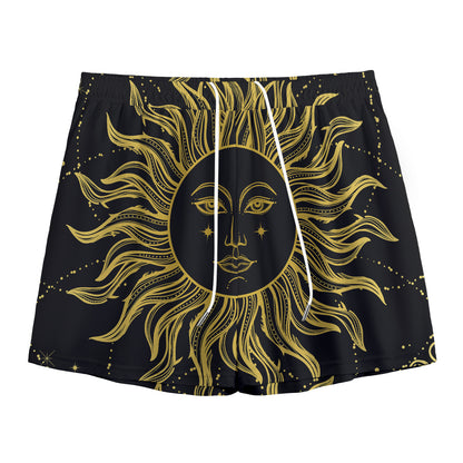 Black And Gold Celestial Sun Print Mesh Shorts
