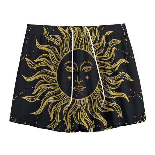 Black And Gold Celestial Sun Print Mesh Shorts