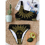 Black And Gold Celestial Sun Print One Shoulder Bikini Top