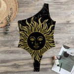 Black And Gold Celestial Sun Print One Shoulder Bodysuit