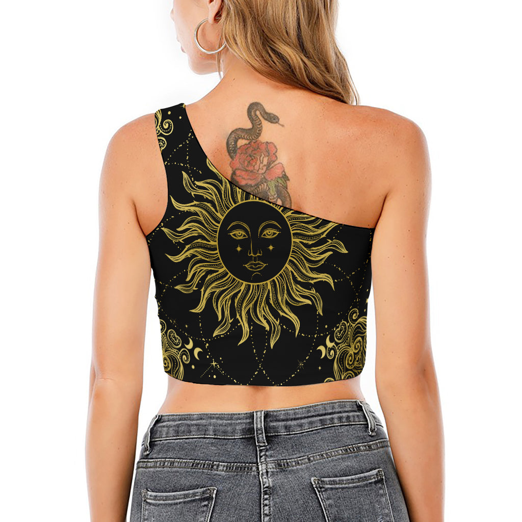 Black And Gold Celestial Sun Print One Shoulder Crop Top