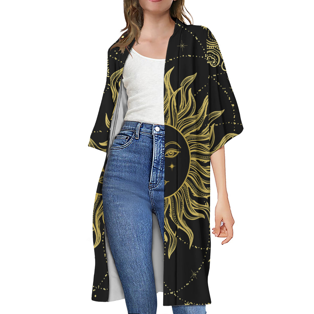 Black And Gold Celestial Sun Print Open Front Beach Cover Up