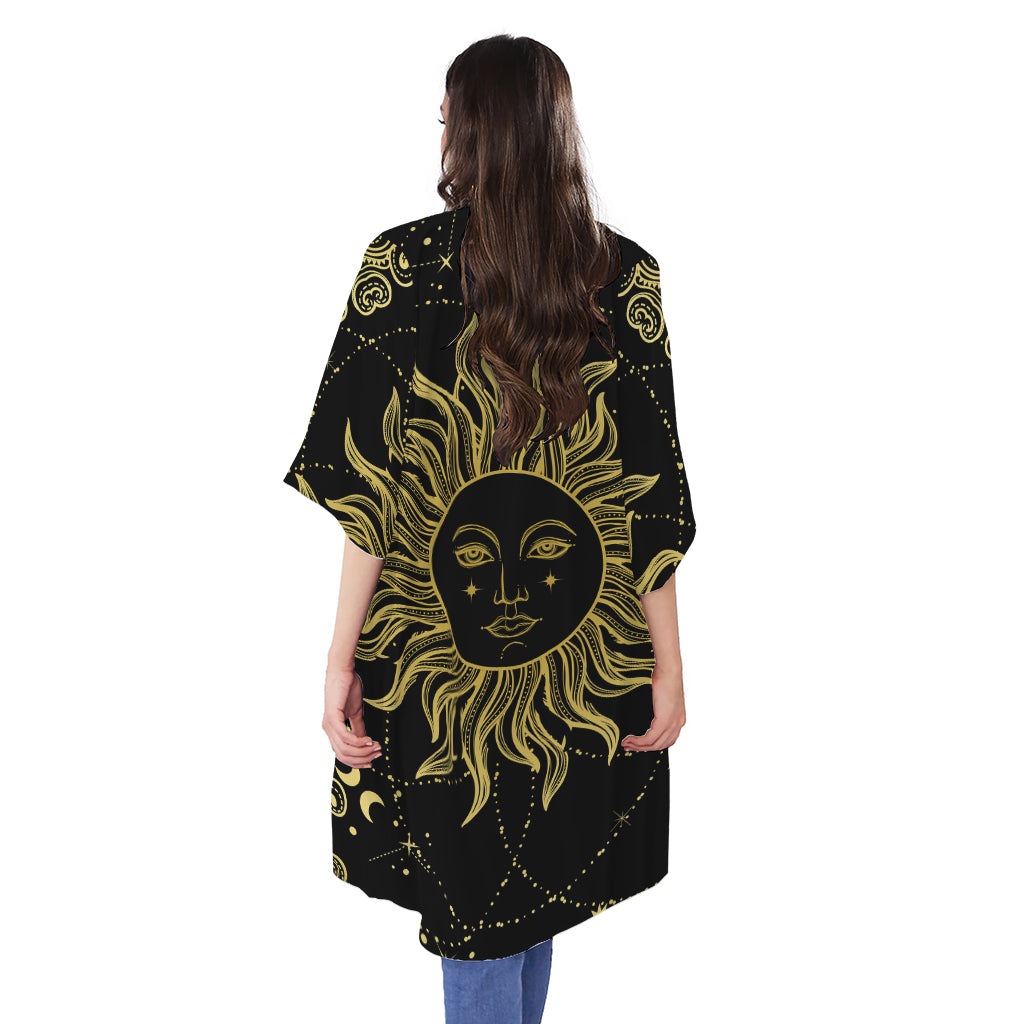 Black And Gold Celestial Sun Print Open Front Beach Cover Up