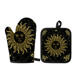 Black And Gold Celestial Sun Print Oven Mitt And Pot Holder Set