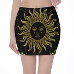 Black And Gold Celestial Sun Print Pencil Mini Skirt