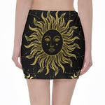 Black And Gold Celestial Sun Print Pencil Mini Skirt
