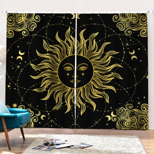 Black And Gold Celestial Sun Print Pencil Pleat Curtains