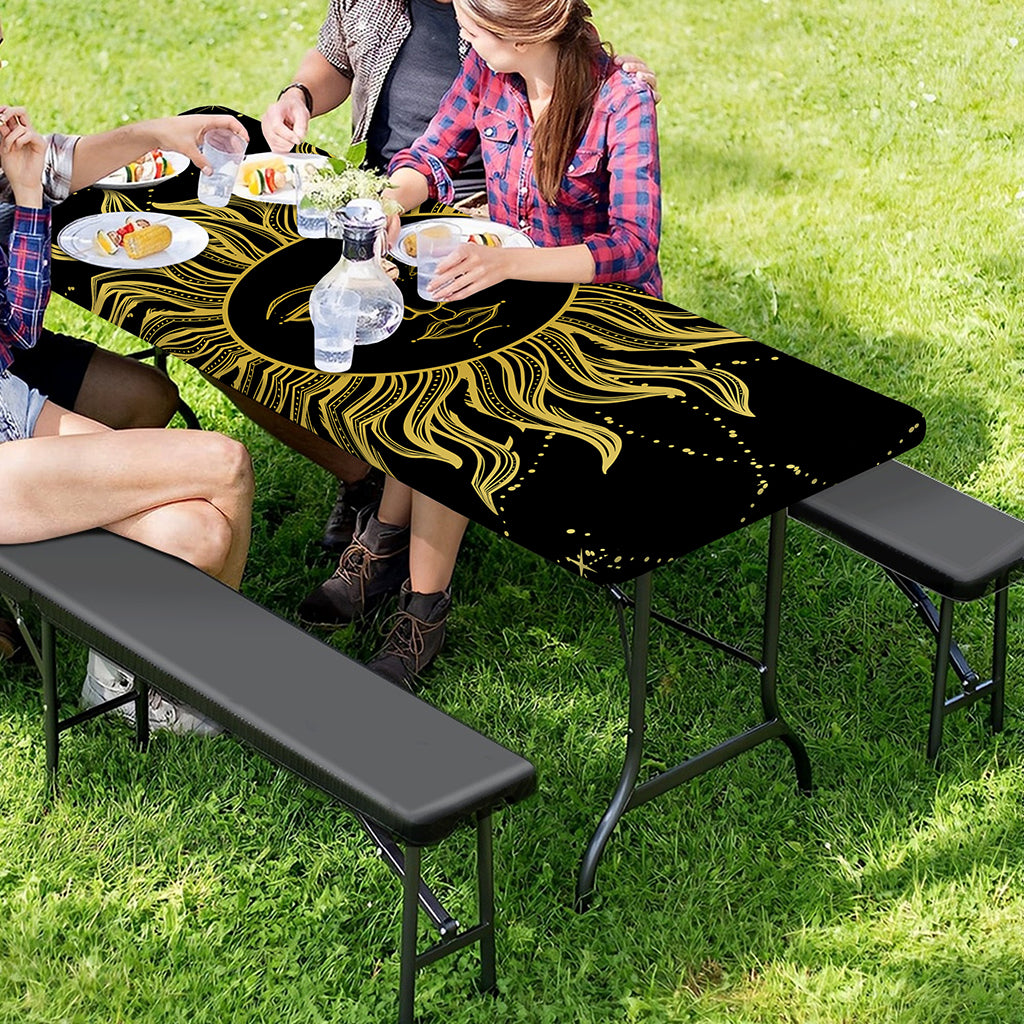 Black And Gold Celestial Sun Print Picnic Table Cover