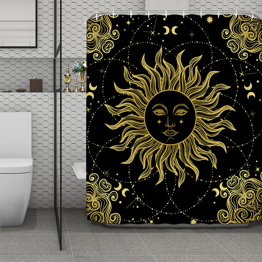 Black And Gold Celestial Sun Print Polyester Shower Curtain