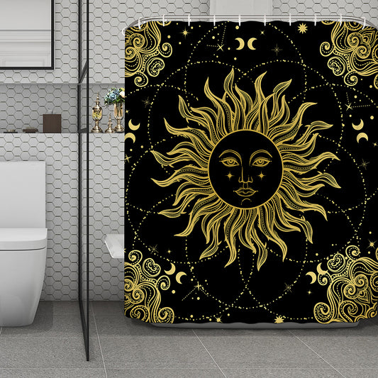 Black And Gold Celestial Sun Print Polyester Shower Curtain