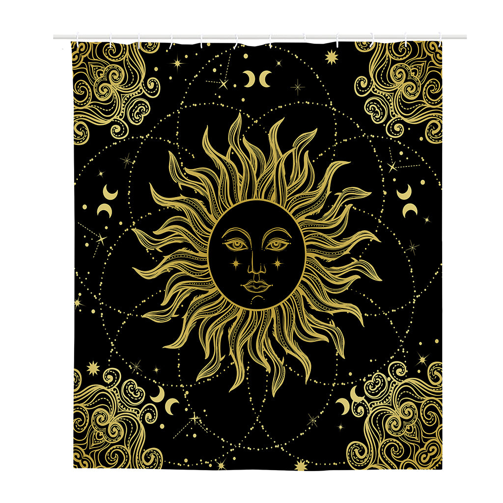 Black And Gold Celestial Sun Print Polyester Shower Curtain