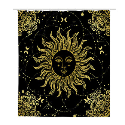 Black And Gold Celestial Sun Print Polyester Shower Curtain