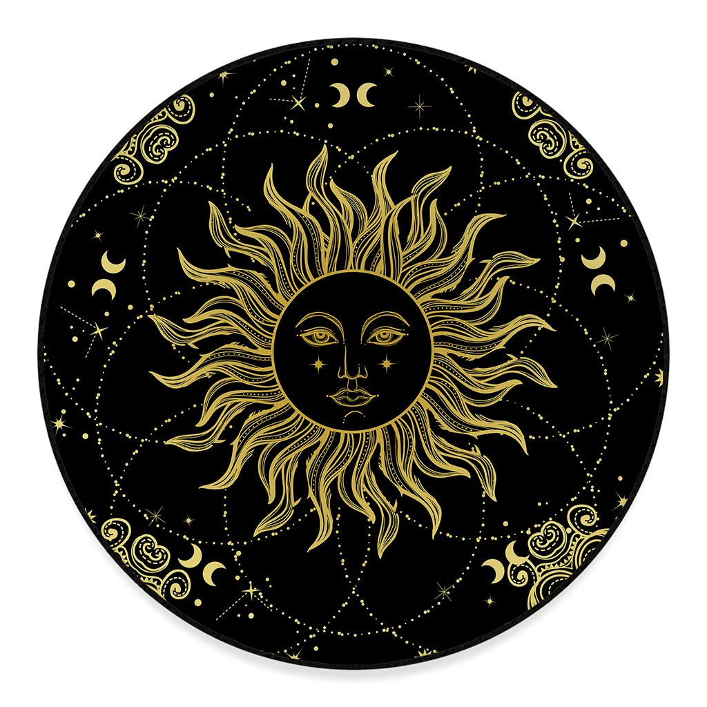Black And Gold Celestial Sun Print Round Floor Mat