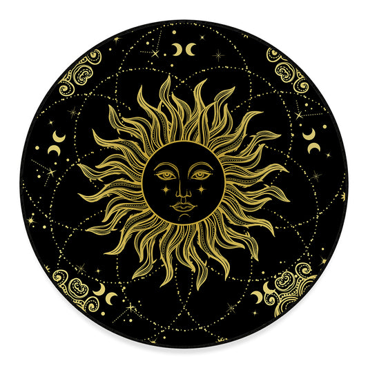 Black And Gold Celestial Sun Print Round Floor Mat