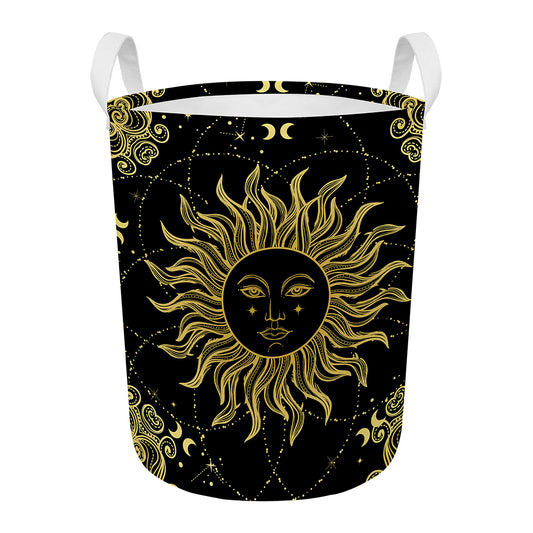 Black And Gold Celestial Sun Print Round Laundry Basket