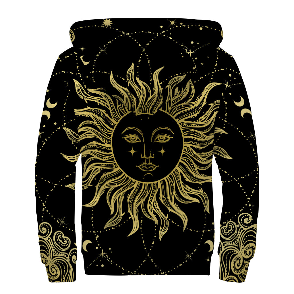 Black And Gold Celestial Sun Print Sherpa Lined Zip Up Hoodie