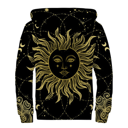 Black And Gold Celestial Sun Print Sherpa Lined Zip Up Hoodie