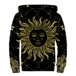 Black And Gold Celestial Sun Print Sherpa Lined Zip Up Hoodie