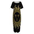 Black And Gold Celestial Sun Print Short Sleeve Long Nightdress