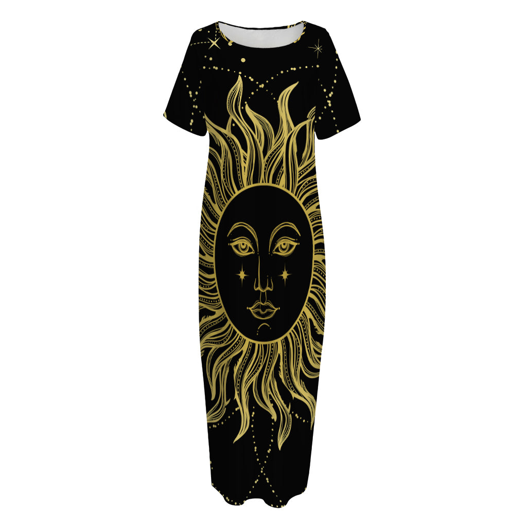 Black And Gold Celestial Sun Print Short Sleeve Long Nightdress