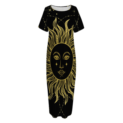 Black And Gold Celestial Sun Print Short Sleeve Long Nightdress
