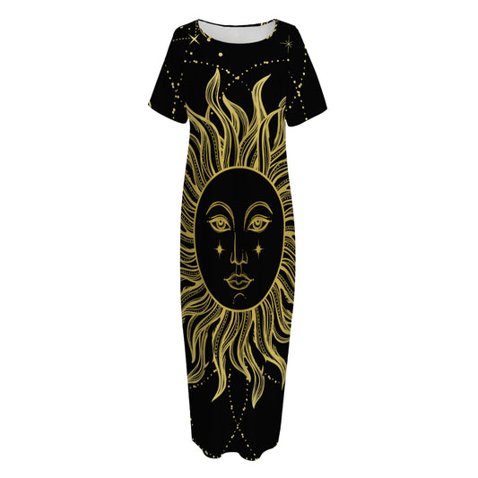 Black And Gold Celestial Sun Print Short Sleeve Long Nightdress